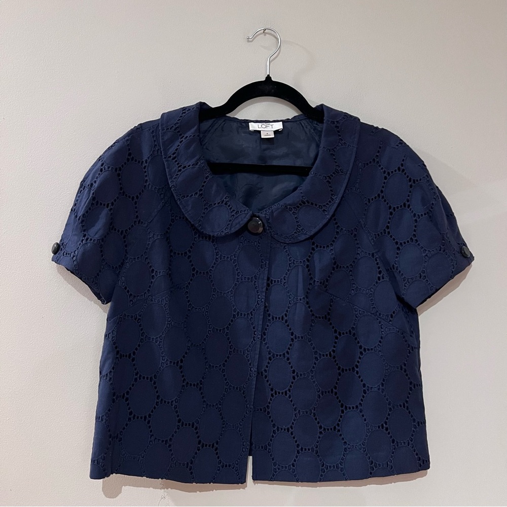 LOFT Navy Eyelet Peter Pan Collar Boxy Blouse